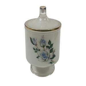 Vintage Blue Rose Apothecary Jar w/Lid Gold Trim